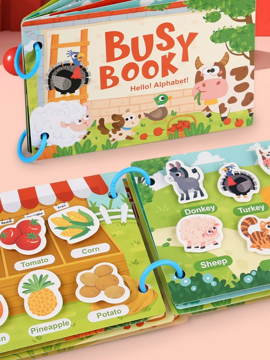 Bolalar uchun o'quv kitobi va alifbosi Busybook, lipuchkali Montessori kitobi