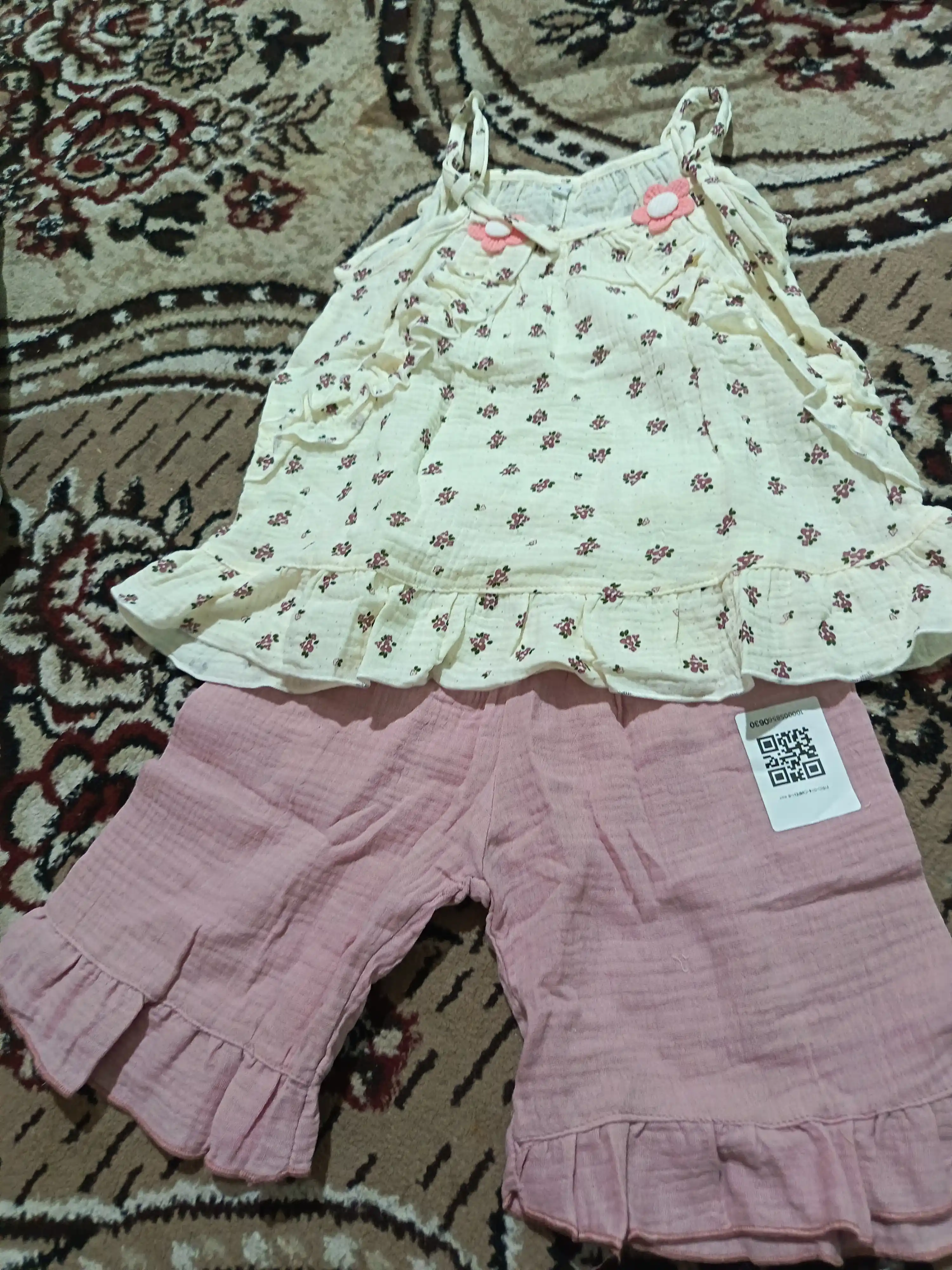 1 yoshdan 6 yoshgacha bo‘lgan qizlar uchun gul bosilgan yozgi to‘plam, muslin