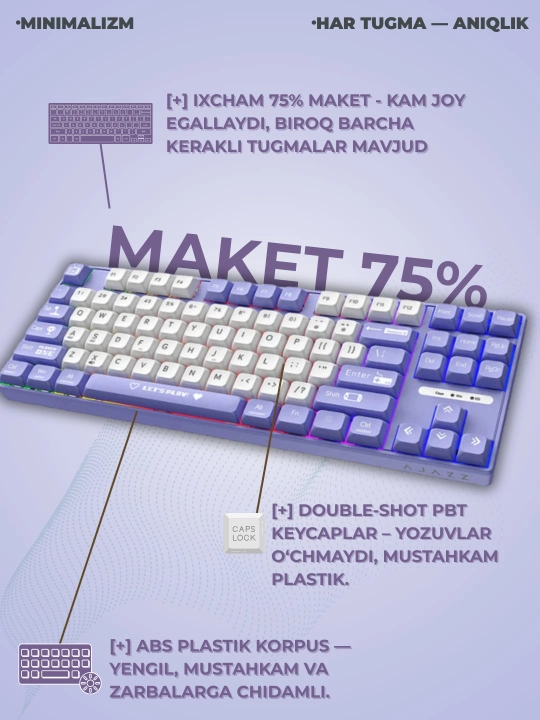 Mexanik O‘yin Klaviaturasi AJAZZ AK870MC, Simli USB Type-C, 87 Tugmali, Hot-Swap
