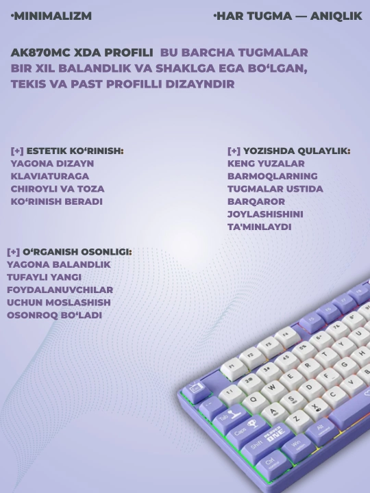Mexanik O‘yin Klaviaturasi AJAZZ AK870MC, Simli USB Type-C, 87 Tugmali, Hot-Swap