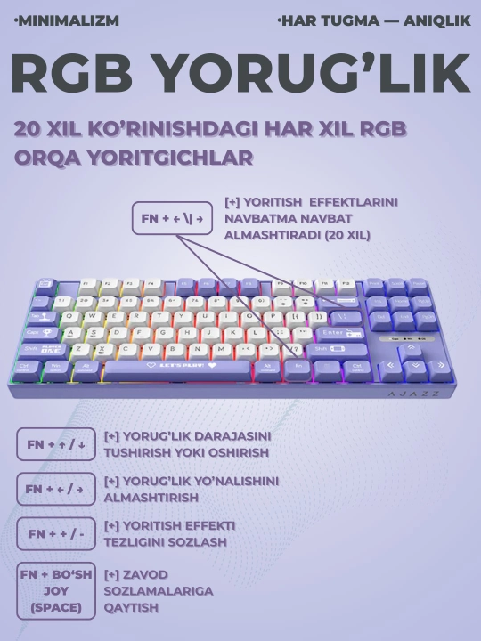Mexanik O‘yin Klaviaturasi AJAZZ AK870MC, Simli USB Type-C, 87 Tugmali, Hot-Swap