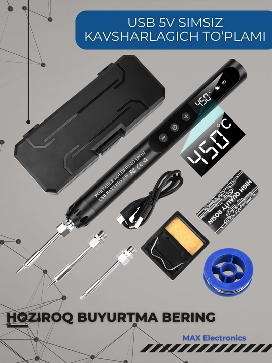 USB 5V simsiz payalnik to‘plami – 200–450°C, raqamli displey, 800 mA/s akkumulyatorli - 