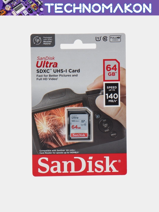 Карта памяти для фотоаппарата Sandisk Ultra SDXC, 32/64/128/256/512 Gb, 140 Mb/s