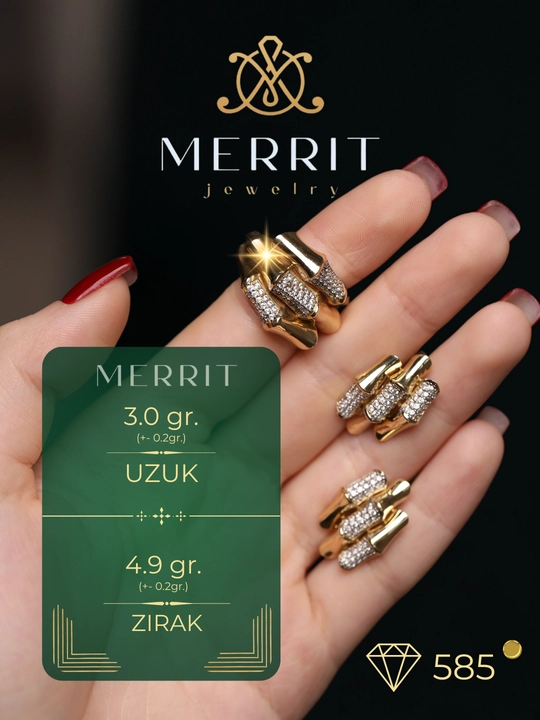 Ayollar uchun oltin taqinchoqlar to‘plami, uzuk va ziraklar, 585 probali, M02K, MERRIT