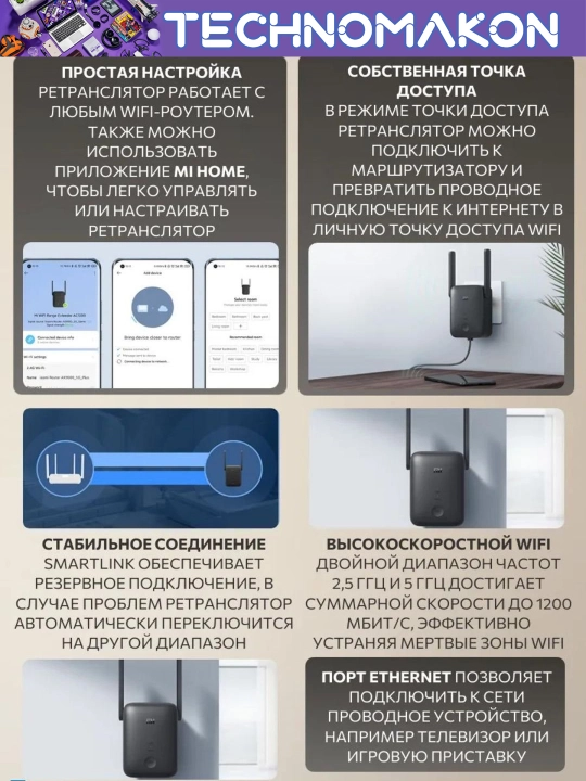 Wi-Fi усилитель сигнала Mi Wi-Fi Range Extender AC1200, репитер, 5 GHz