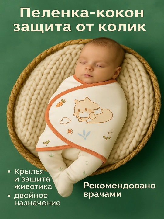 Пеленка-кокон, спальный мешок, 100% хлопок, для новорожденных, с липучками - 