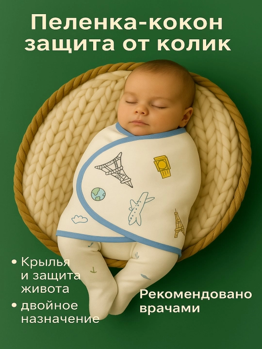 Пеленка-кокон, спальный мешок, 100% хлопок, для новорожденных, с липучками - 