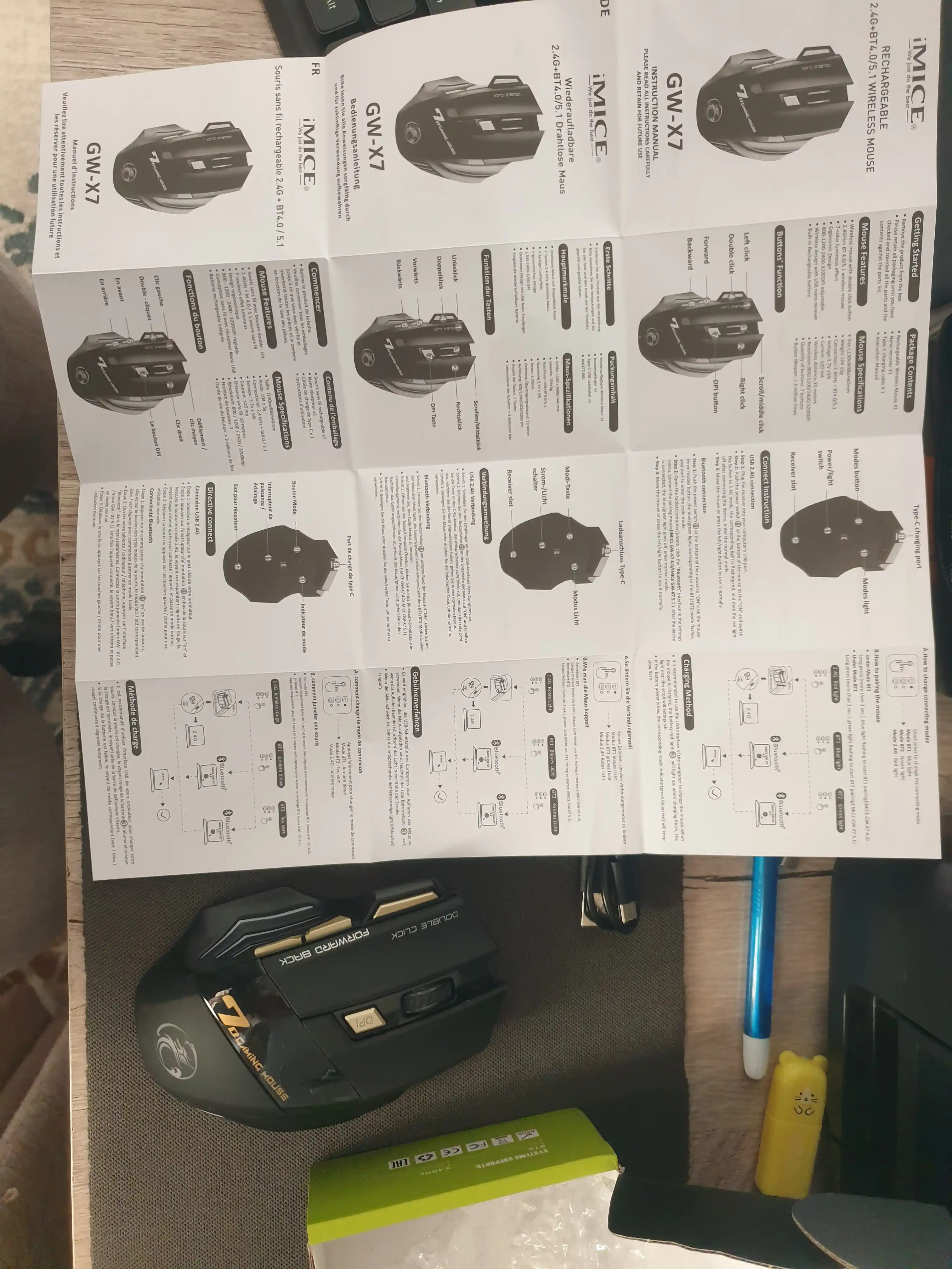 Simsiz, Shovqinsiz o‘yin sichqoncha, iMICE GW-X7, RGB yoritgichli, DPI 3200, 7 ta tugma