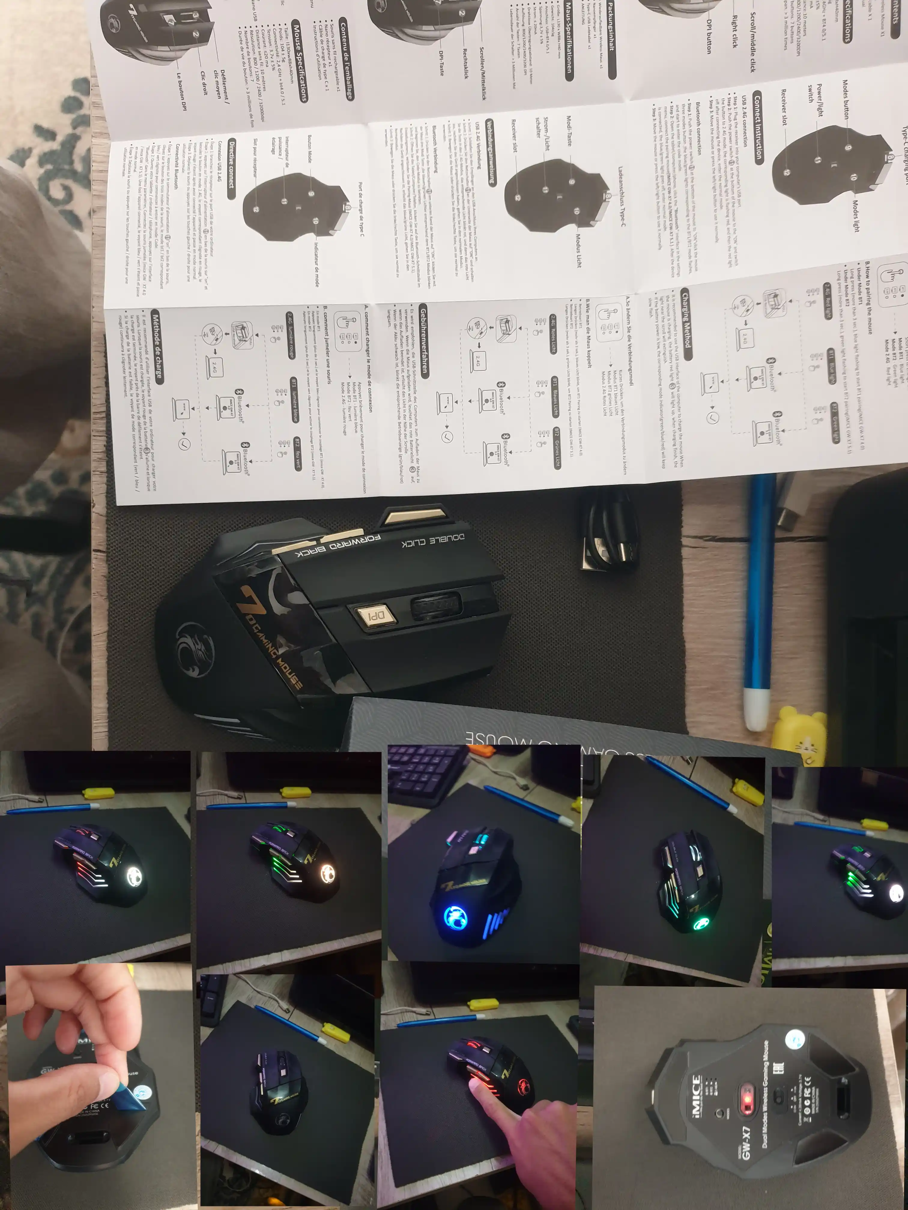 Simsiz, Shovqinsiz o‘yin sichqoncha, iMICE GW-X7, RGB yoritgichli, DPI 3200, 7 ta tugma