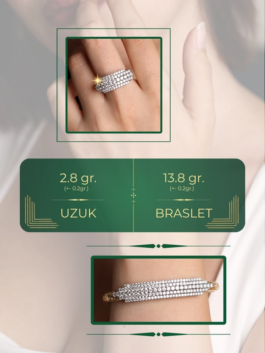 Ayollar uchun tilla taqinchoqlar to'plami, braslet + uzuk + zirak, 585 proba, M09K