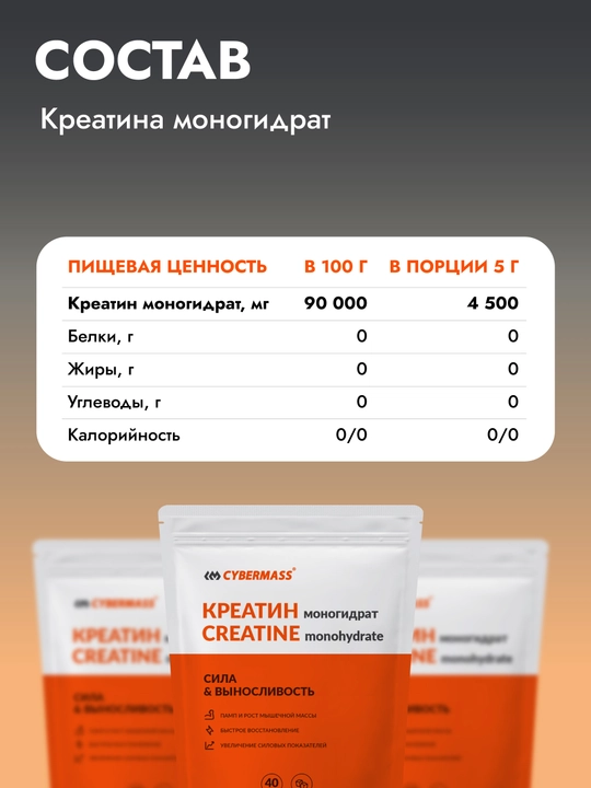 Креатин моногидрат Creatine CYBERMASS, 200 г, 40 порций