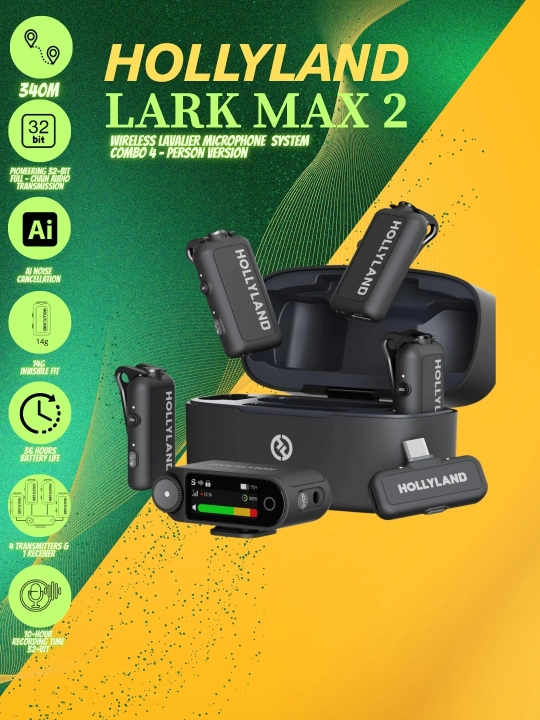 Hollyland Lark MAX 2 Combo – 4 kishilik professional simsiz mikrofon to‘plami - 