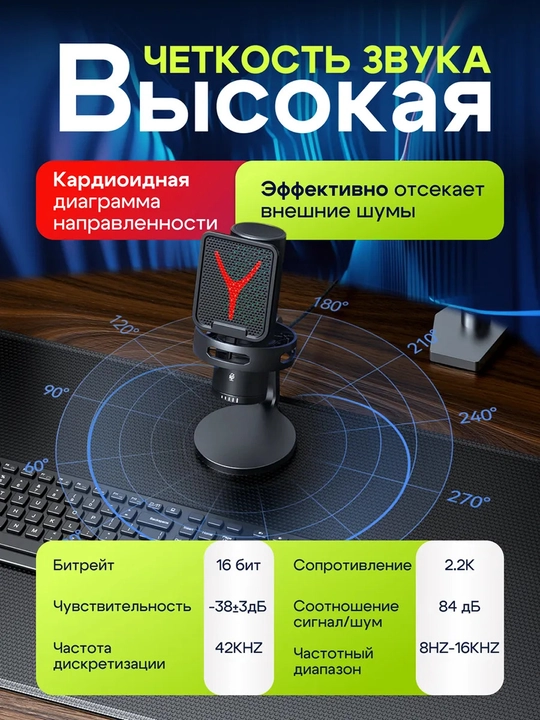 Микрофон игровой для трансляций Yanmai, конденсаторный, студийный, компьютерный