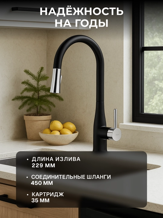 Смеситель Deante Lukrecja для кухни, излив 229 мм, однорычажный, черный-хром, BDH_B720 - 