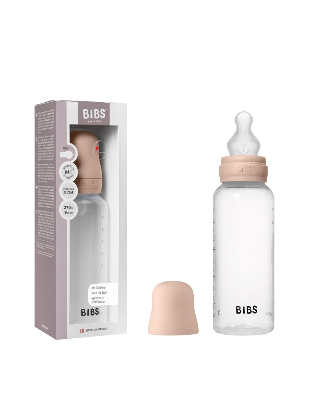 Детская бутылочка BIBS 270 мл, средний поток, антиколик – Blush, Baby Blue, Sage, Ivory