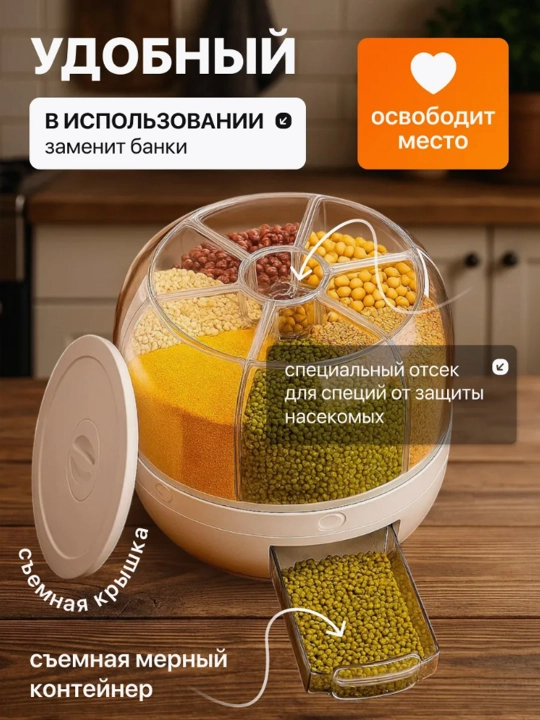 Диспенсер для сыпучих продуктов, вращающийся, для кухни