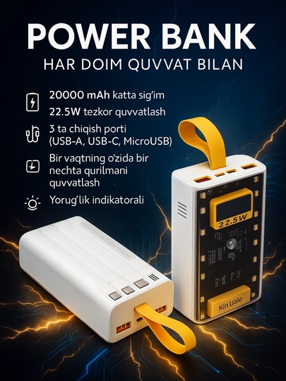PowerBank KinVale 20000мАч — мощный портативный зарядник с двумя USB, быстрая зарядка