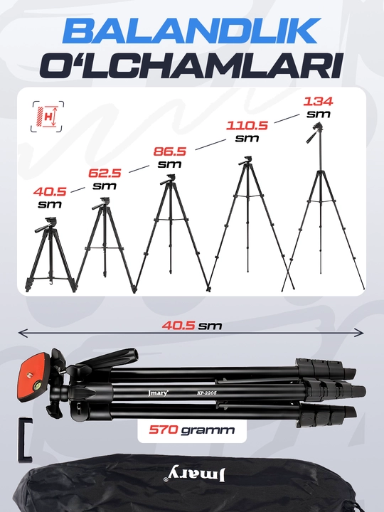 Professional shtativ, Jmary KP-2205, telefon va fotoapparat uchun, 134 cm