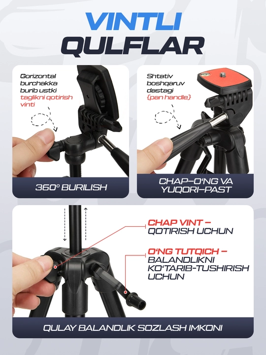 Professional shtativ, Jmary KP-2205, telefon va fotoapparat uchun, 134 cm
