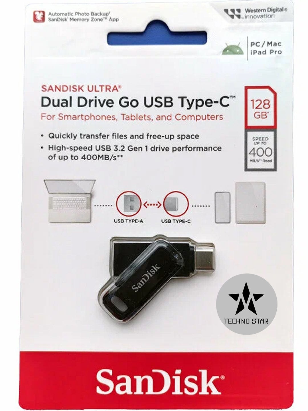 USB/Type C флешка Sandisk Ultra Dual Drive Go 512Gb, USB 3.2/ USB Type-C 400 Mb/s