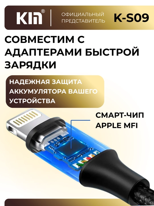 Кабель KIN K-S09 Type-C, 100 см, 2.4A, зарядка и передача данных, нейлоновая оплётка