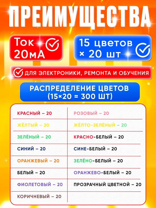 Набор LED диодов (300 шт, 3 мм, 3V–3.2V, 15 цветов, в боксе)