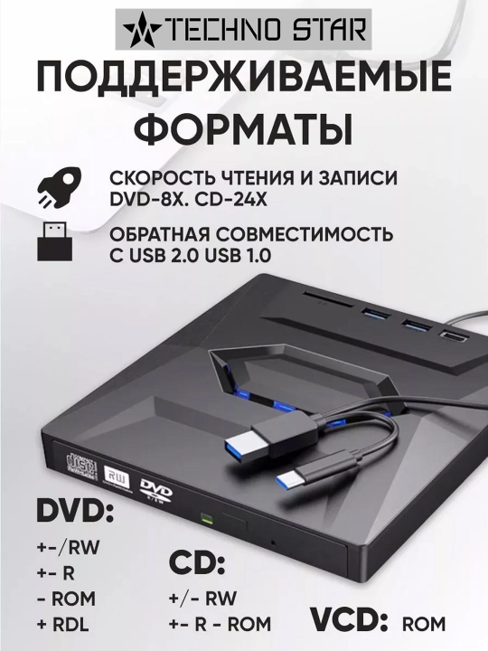 Tashqi optik DVD ROM qurilma, Usb va Type-C, Usb hub, Micro SD va SD card reader