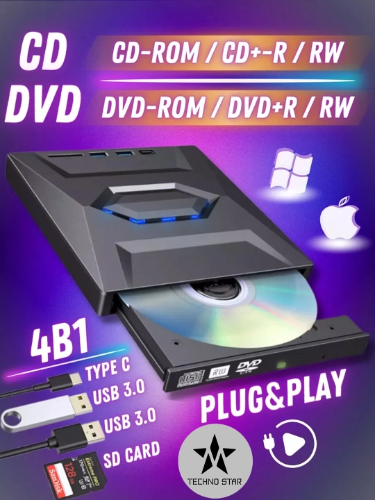 Tashqi optik DVD ROM qurilma, Usb va Type-C, Usb hub, Micro SD va SD card reader