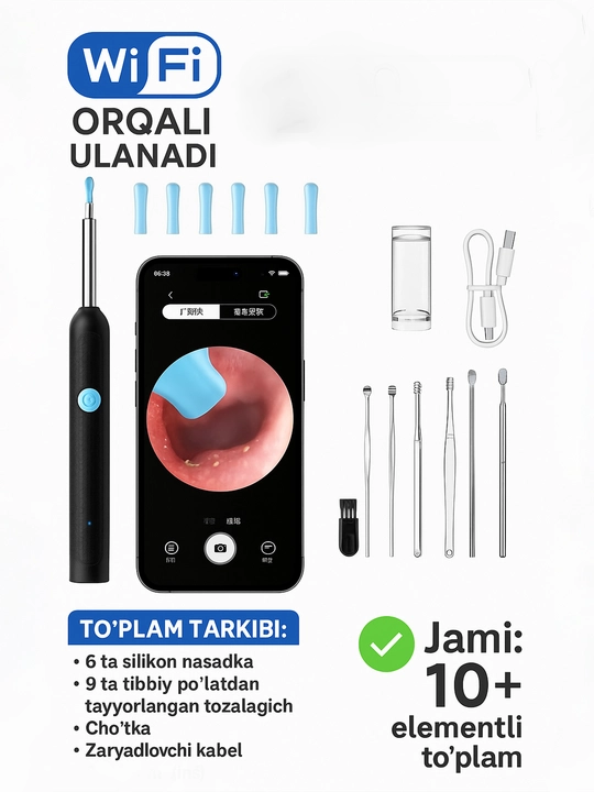 LED quloq kirini olib tashlash, simsiz quloq kamerasi Ultra HD, otoskop vizual 10-to'plam