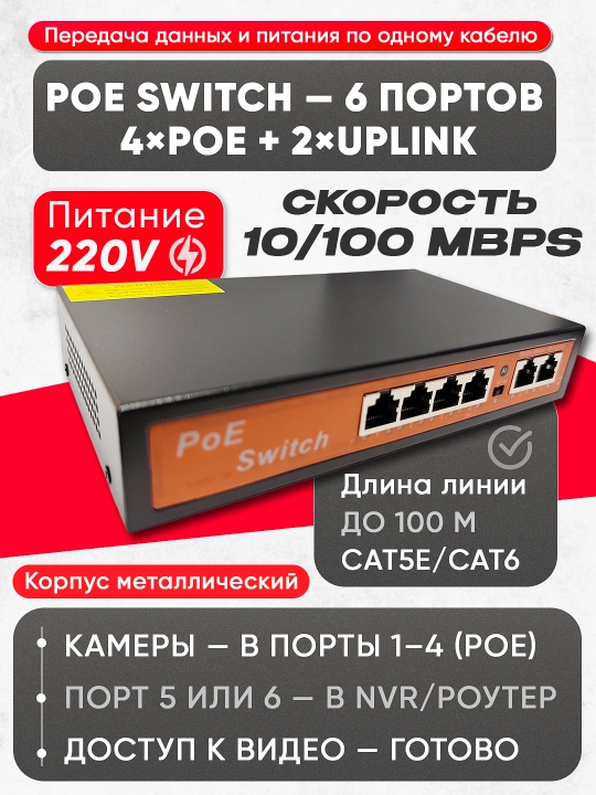 PoE Switch — 4×PoE + 2×Uplink / 8×PoE + 2×Uplink, AI/VLAN
