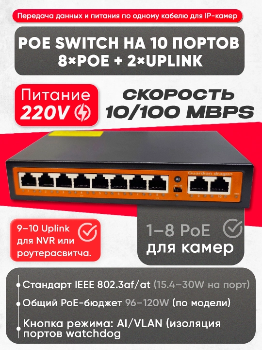 PoE Switch — 4×PoE + 2×Uplink / 8×PoE + 2×Uplink, AI/VLAN - 