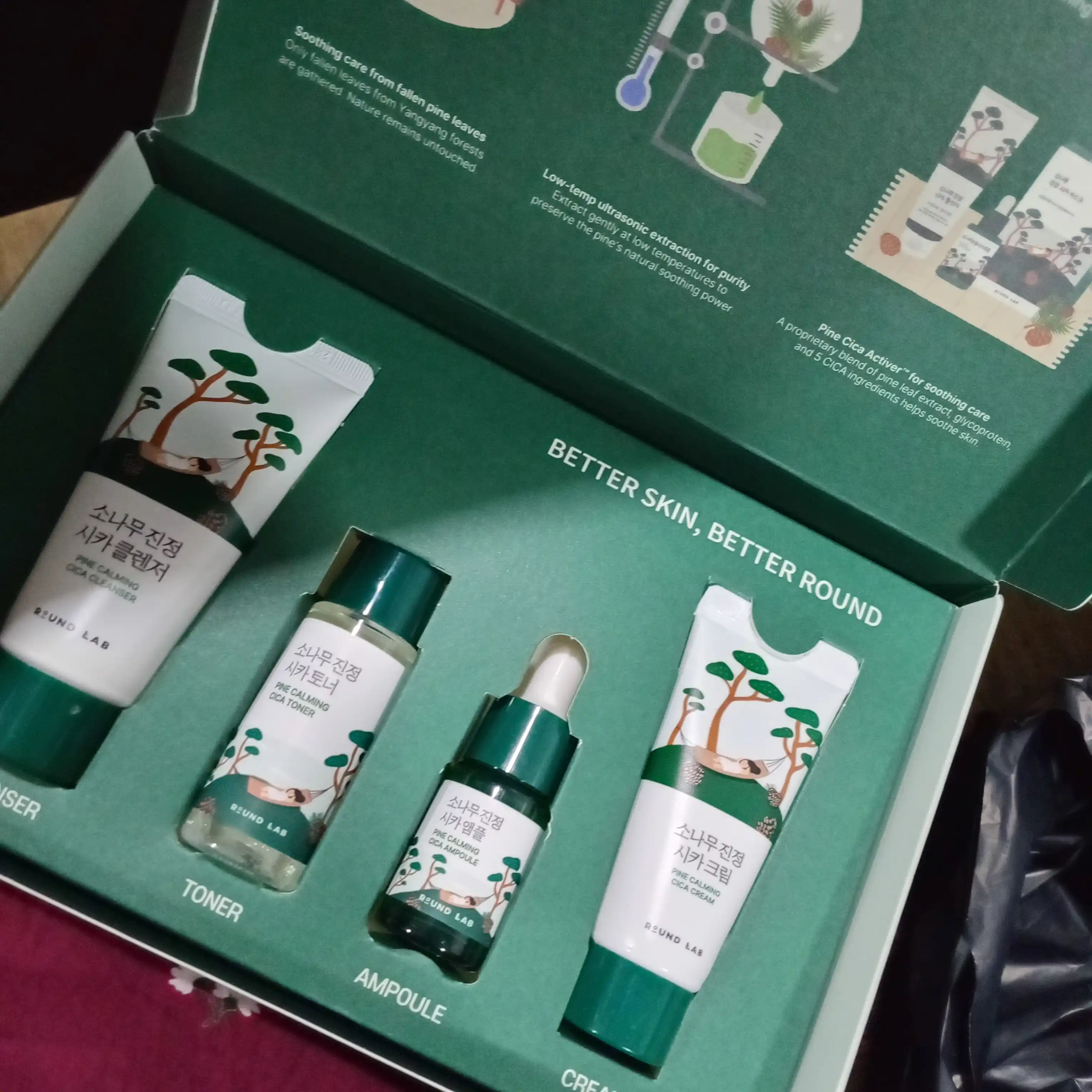 ROUND LAB yuz miniatyuralari sayohat to'plami, Pine Calming Cica Trial Kit, 4 dona