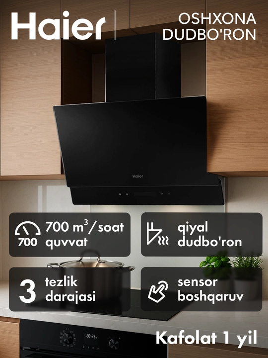 Oshxona dudburoni Haier HVX-W672G, 60 sm, 700 m³/soat, sensorli boshqaruv, qora shisha