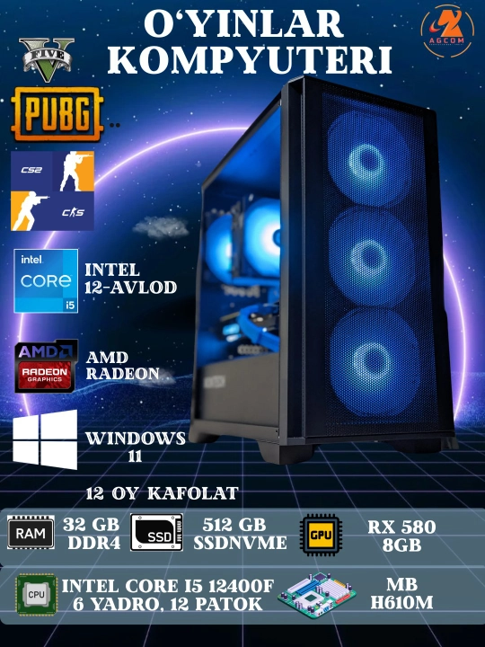 O'yin kompyuteri, Core i5-12400F, DDR4 32 GB, RX580 8GB, SSD 512 Gb, Windows