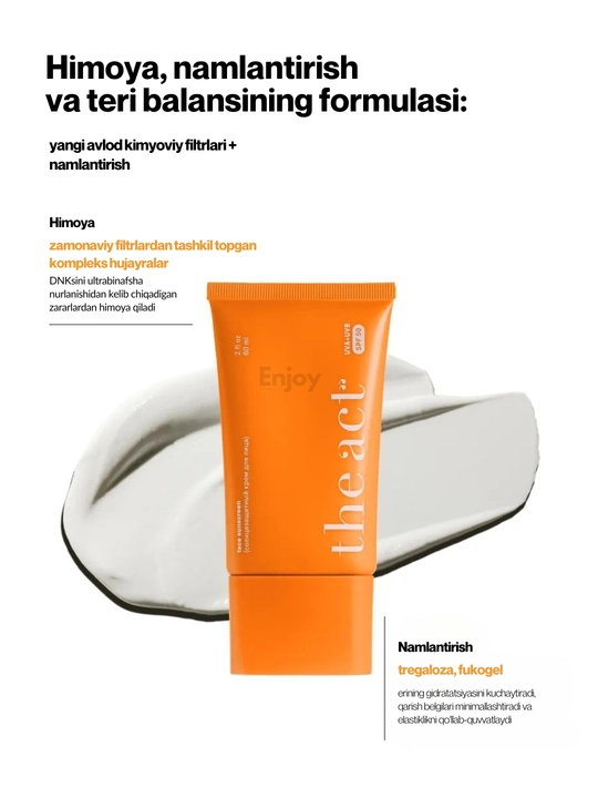 Quyoshdan va tanadan himoya qiluvchi krem The Act SPF 50, hidlarsiz va allergenlarsiz, 60 ml