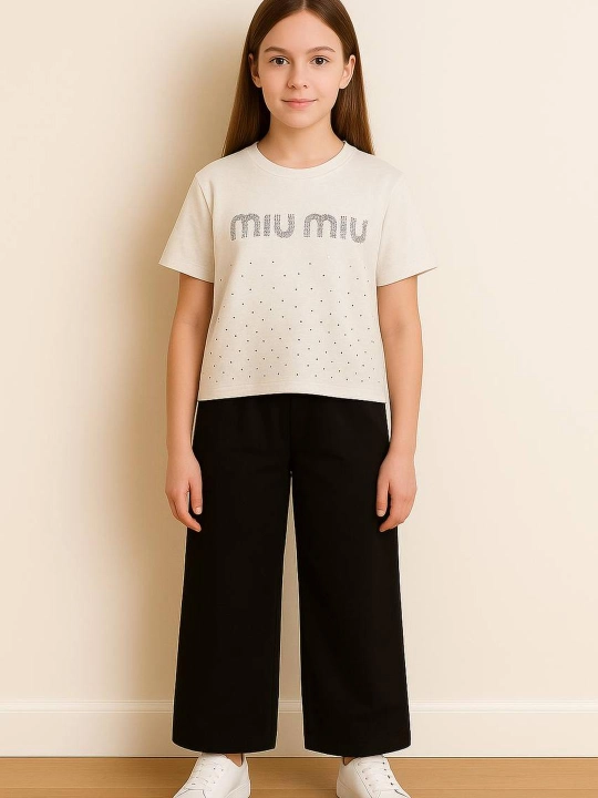 Комплект Miu Miu для девочек: белая футболка и чёрные брюки-клеш - 