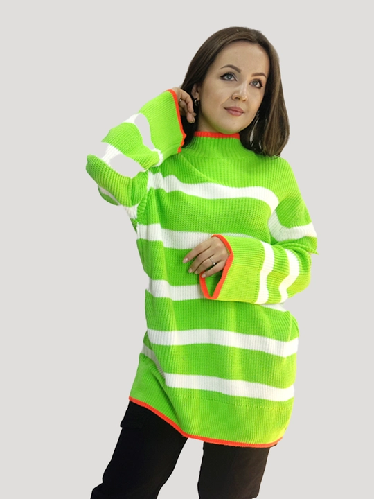 Ayollar sviteri oversize uzun model, erkin bichim, tik yoqali, jun va akril