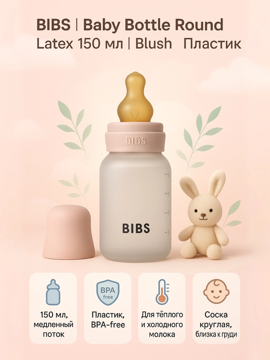 Бутылочка BIBS 150 мл, медленный поток, антиколик – Blush (латекс), Sage и Ivory (силикон) - 
