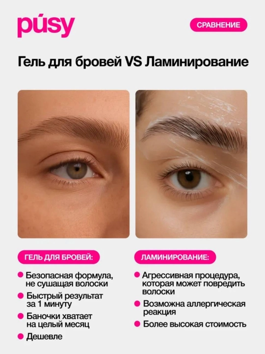 Гель-фиксатор для бровей Pusy, прозрачный, стойкость 48 часов, 5 мл, профессиональный