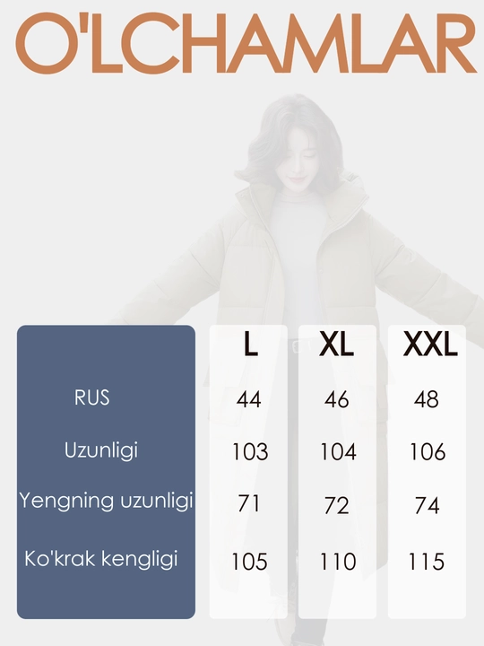 Ayollar uchun qishki uzun kurtka-kapyushonli, uzun model