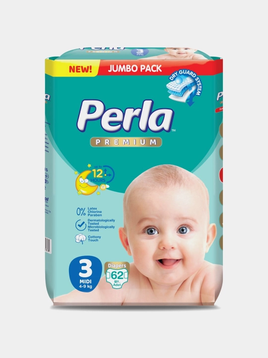 Подгузники для детей PERLA Premium Jumbo, №3, 4–9 кг, 62 шт - 
