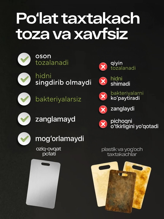 Oshxona uchun universal po'latdan yasalgan kesish taxtasi, 2 o'lcham