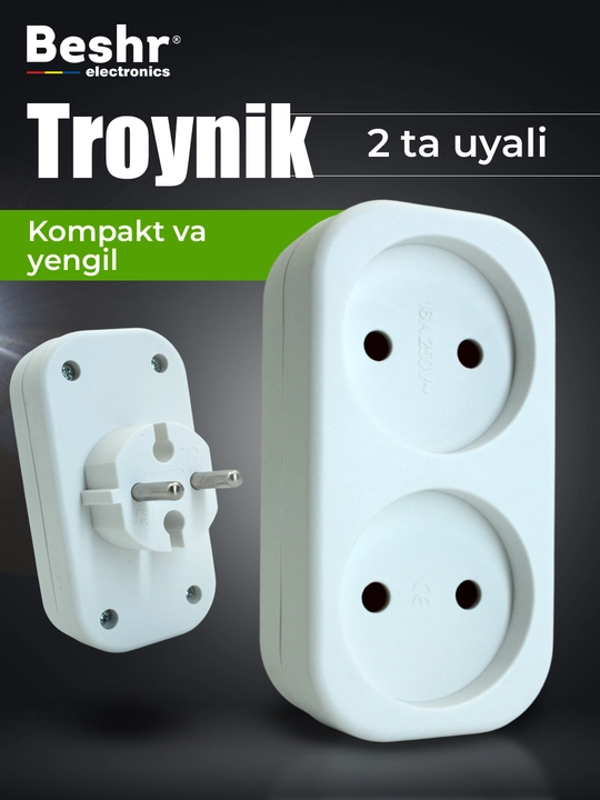 Troynik, perexodnik Beshr, 2/3 rozetka, maxkam korpus, evrovilka, zazemleniyasiz, adapter
