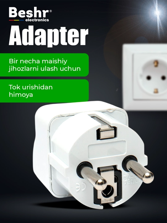 Troynik, perexodnik Beshr, 2/3 rozetka, maxkam korpus, evrovilka, zazemleniyasiz, adapter