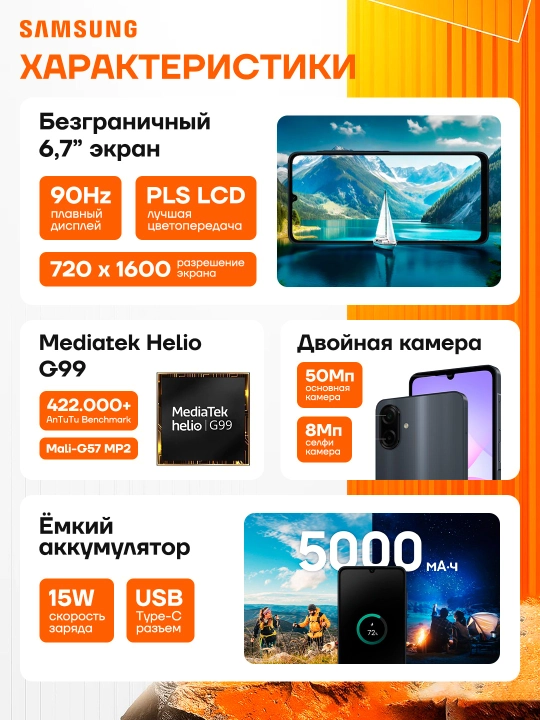 Смартфон Samsung Galaxy A07, 6\128ГБ 6.7" дюймовый дисплей, 90Hz, 50Мп камера, IP54 Защита
