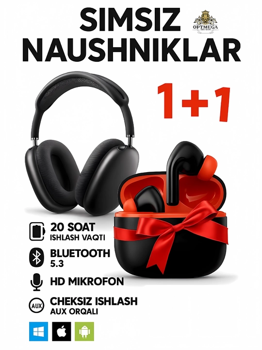 Simsiz quloqchinlar Pods, 1+1 sovg'a iPhone va Android uchun naushniklar, P9, MAX - 