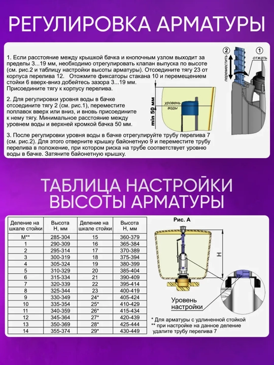 Арматура для унитаза VINPLAST А 105.57.14.3, с нижней подводкой