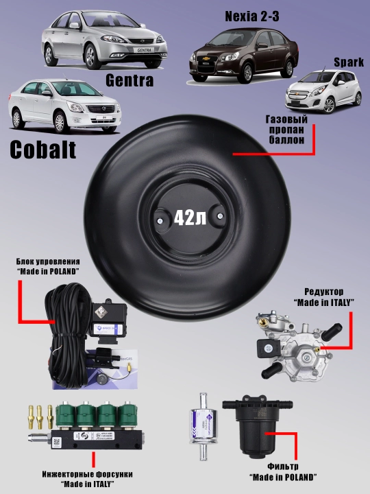 Propan gaz (EuropaGas) o'rnatish uchun to'plam, 42 -balon 4- COBALT GENTRA NEXIA3 SPARK - 