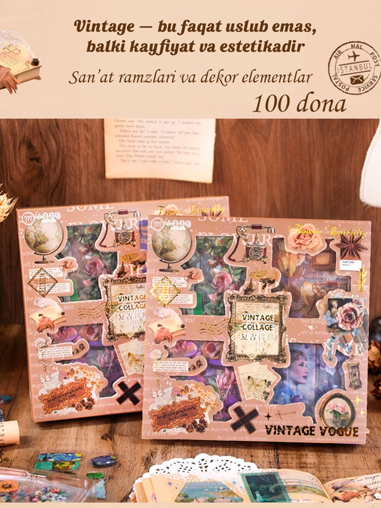 100 ta nakleyka, Vintage, Estetik dekorativ skotch to'plami, handmade, qizlar uchun sovga