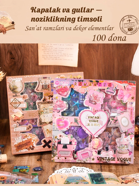 100 ta nakleyka, Vintage, Estetik dekorativ skotch to'plami, handmade, qizlar uchun sovga